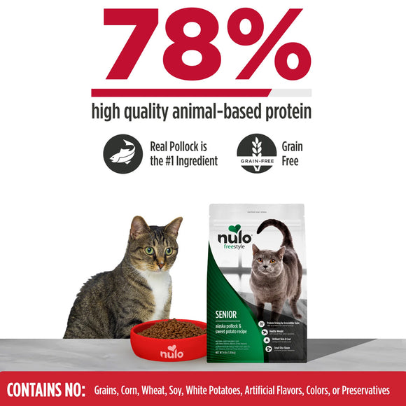 Nulo cat food package with a cat and text highlighting protein content and grain-free label.