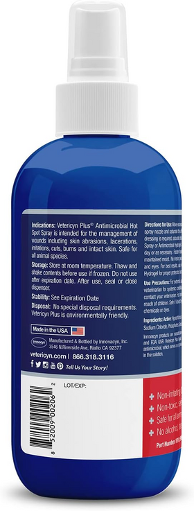 backside of vetericyn plus antimicrobial pet hot spot spray