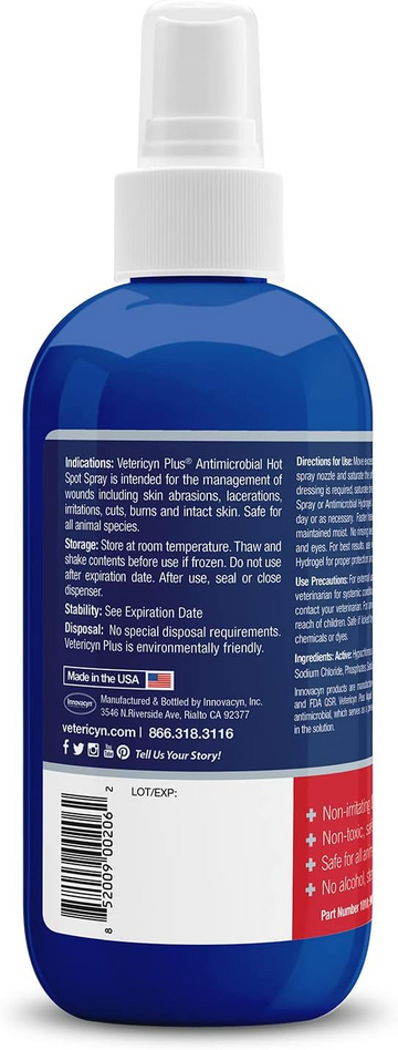 backside of vetericyn plus antimicrobial pet hot spot spray