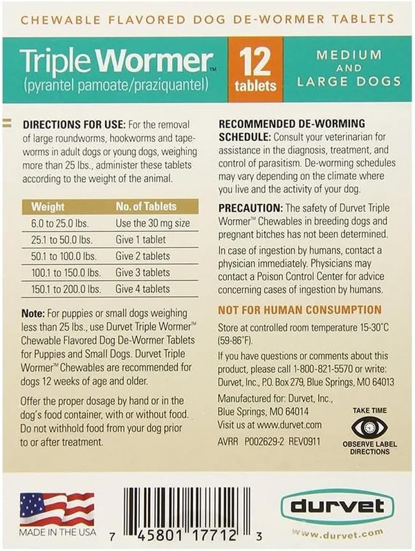 Triple Wormer Tablets for Medium and Large Dogs 25.1-200 lbs