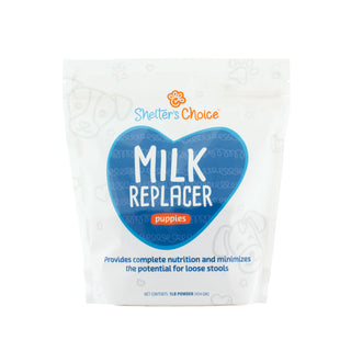 White package with label Shelter's Choice Puppy Milk Replacer, 1 lb