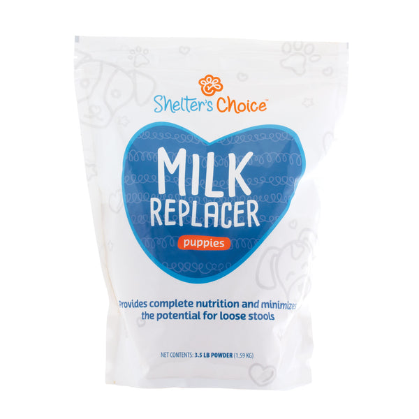 White Package with label Shelter's Choice Puppy Milk Replacer, 3.5 lbs