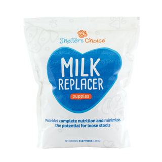 White bag with label Shelter's Choice Puppy Milk Replacer, 8lbs