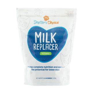 White bag with label Shelter's Choice Kitten Milk Replacer, 3.5 lbs