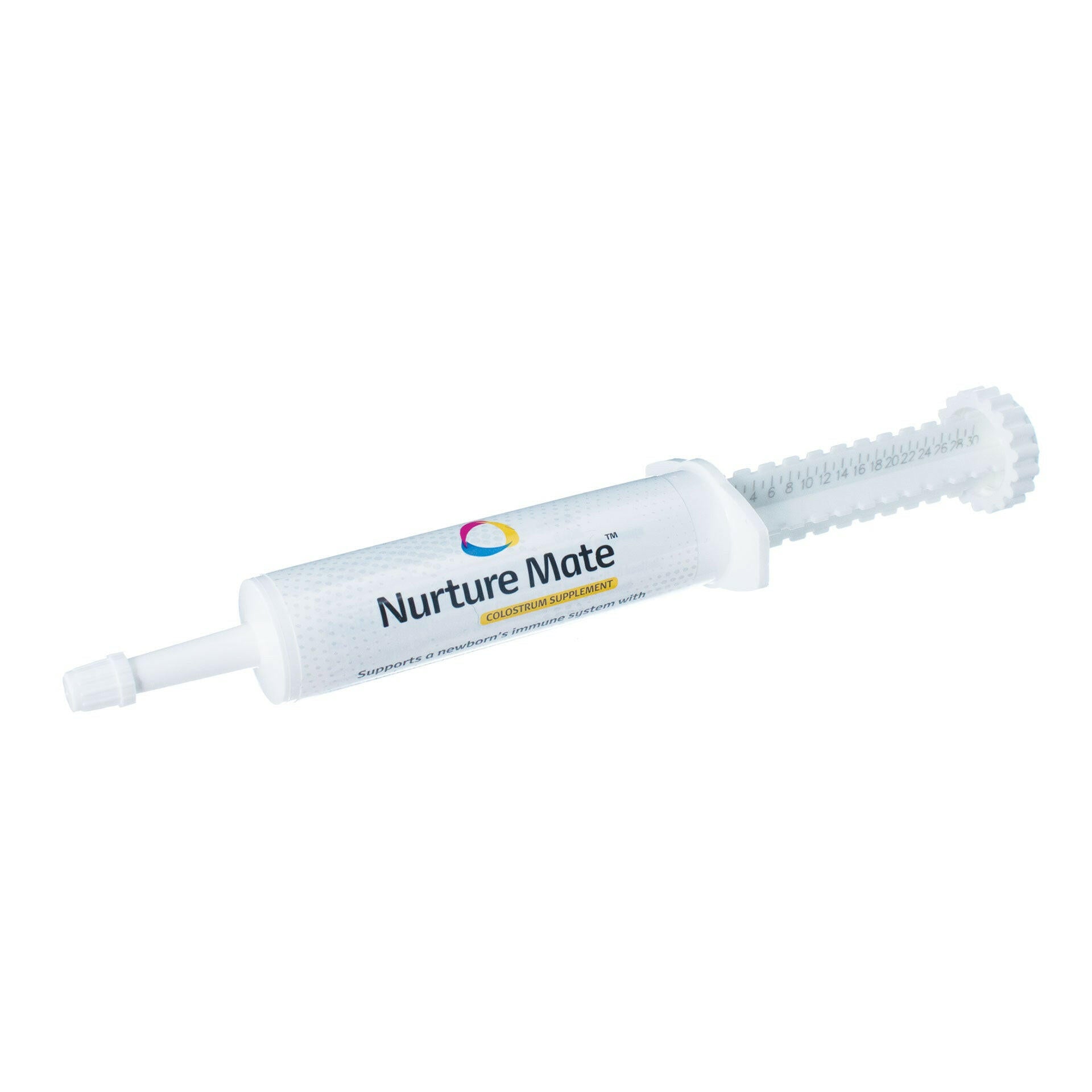 Nurture mate colostrum supplement in a white syringe