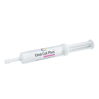 White syringe with label Breeder's Edge Oral Cal Plus Gel for Dog & Cat, 30 ml