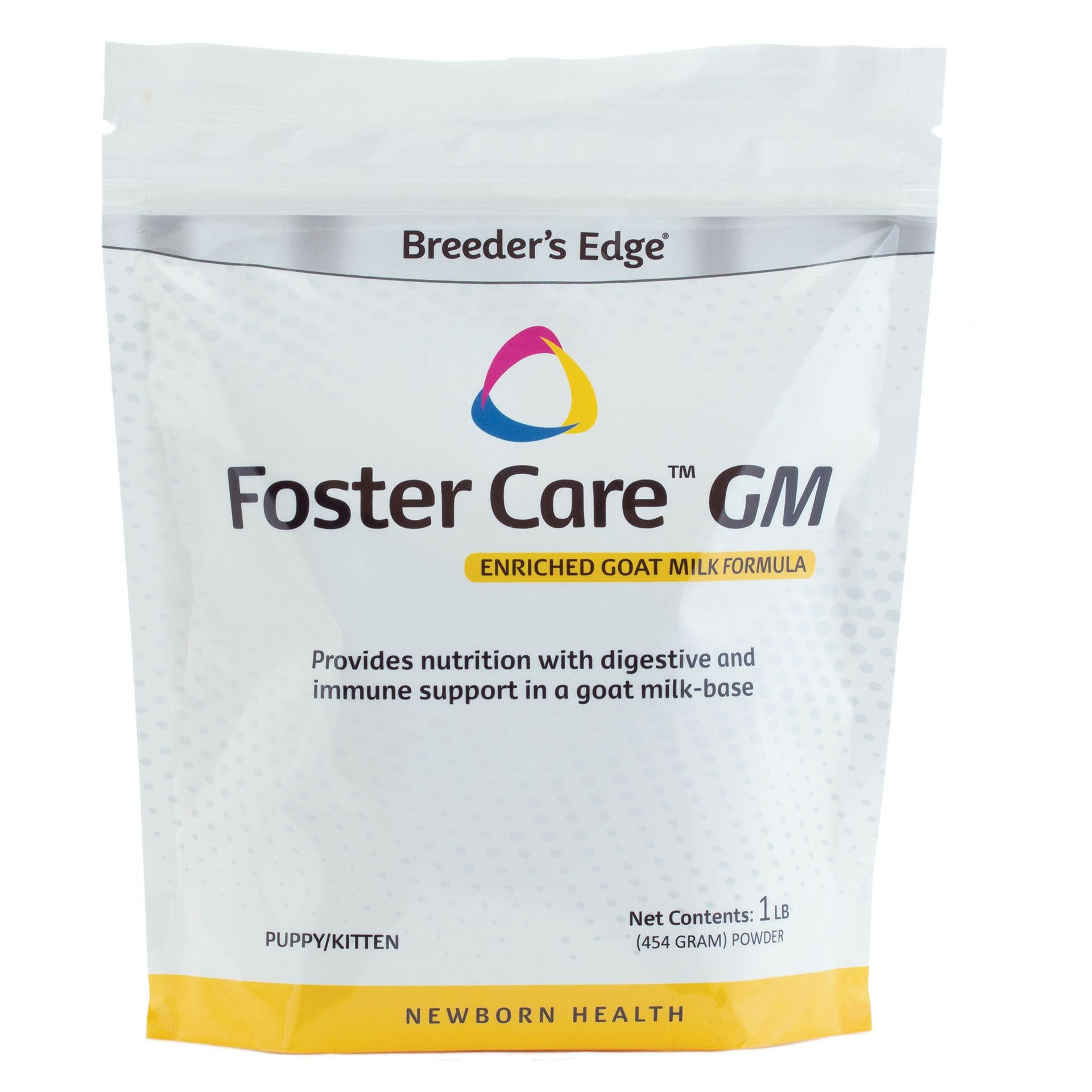 White bag with label Breeder's Edge Foster Care GM for Puppies & Kittens, 1 lb