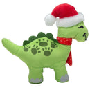 Green dinosaur plush toy with a Santa hat and scarf on a white background
