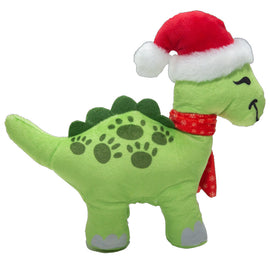 Green dinosaur plush toy with a Santa hat and scarf on a white background
