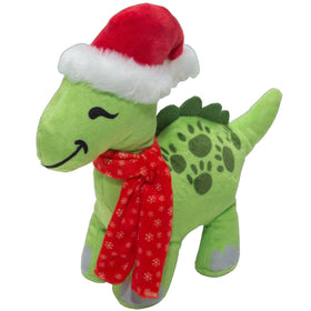 Green dinosaur plush toy wearing a red Santa hat and scarf on a white background
