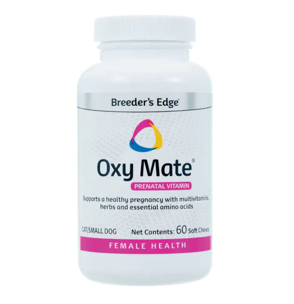 White bottle with label Breeder's Edge Oxy Mate Prenatal Soft Chews for Sm Dog & Cat, 60ct