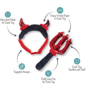 Devil-themed toy set with headband and pitchfork on a white background