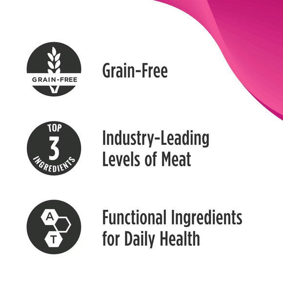 Product label with grain-free, top 3 ingredients, and functional ingredients for daily health claims.