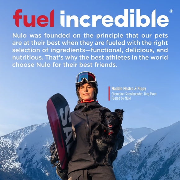 Person holding a snowboard and a dog with a mountainous background, featuring Nulo pet food advertisement.