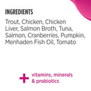 List of ingredients for a pet food product on a white background with pink accents.