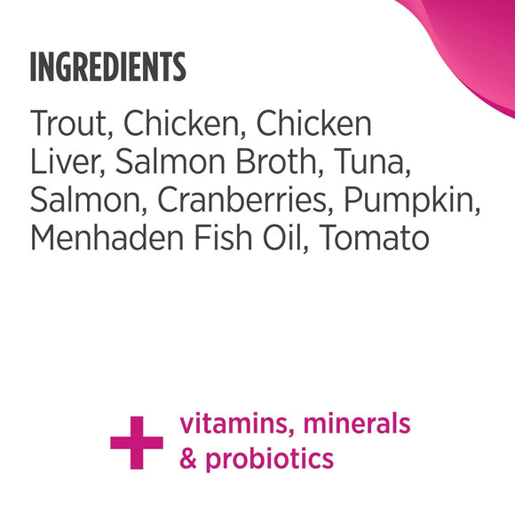 List of ingredients for a pet food product on a white background with pink accents.