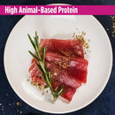 Raw meat with rosemary on a white plate against a dark background, labeled 'High Animal-Based Protein'.