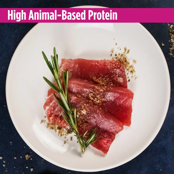 Raw meat with rosemary on a white plate against a dark background, labeled 'High Animal-Based Protein'.