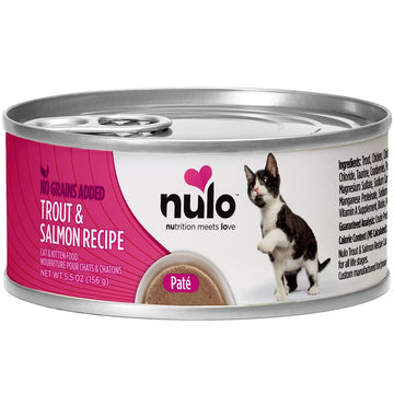 Canned cat food with Nulo label featuring a cat and salmon on a white background