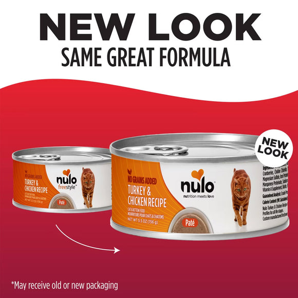 Two cans of Nulo Freestyle cat food with a red background and text indicating 'New Look, Same Great Formula'.