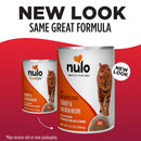 Two cans of Nulo cat food with a red background and text indicating 'New Look, Same Great Formula'.