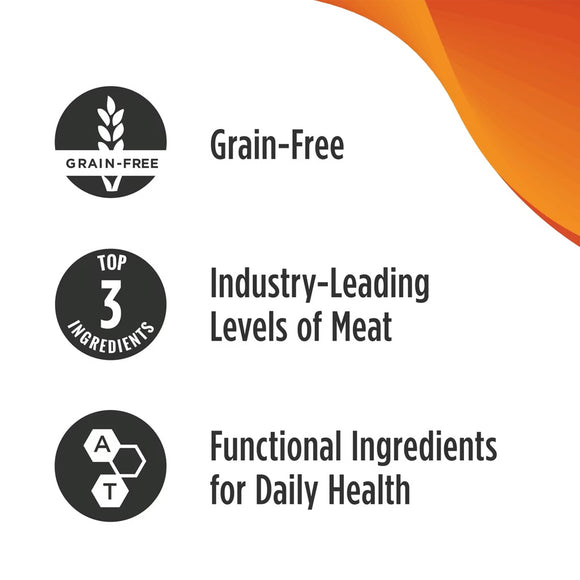 Product label highlighting grain-free, top 3 ingredients, and functional ingredients for daily health on a white background with orange accents.