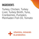 List of ingredients for a pet food product on a white background with an orange border.