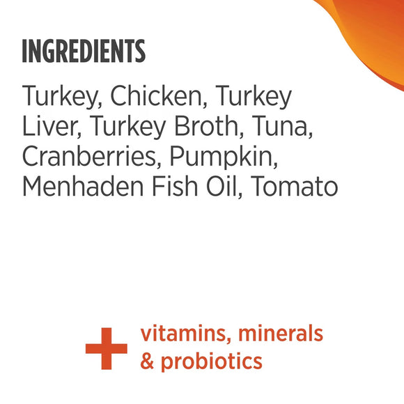 List of ingredients for a pet food product on a white background with an orange border.
