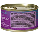 Can of cat food with purple label on a white background