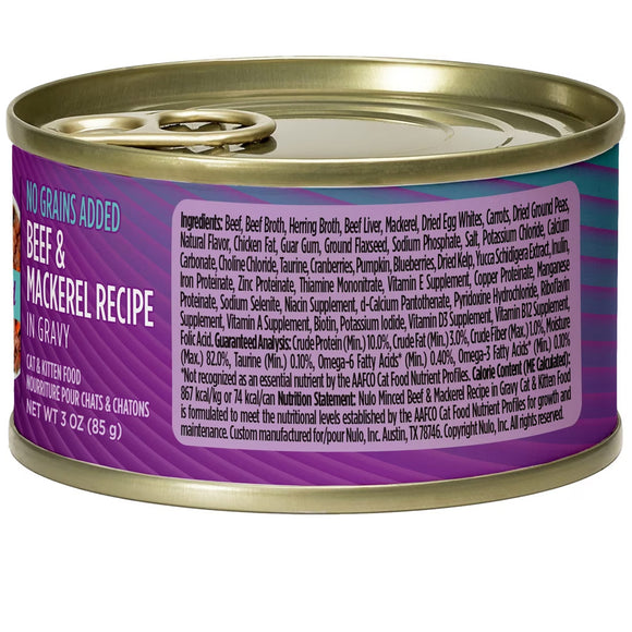Can of cat food with purple label on a white background