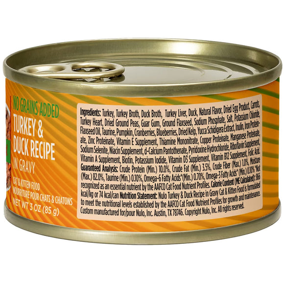 Can of Nulo cat food with label showing ingredients and nutritional information.