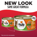 Two cans of Nulo cat food with a red background and text indicating 'New Look, Same Great Formula'.
