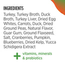 List of ingredients for a pet food product on a white background with a green plus sign and text about vitamins, minerals, and probiotics.