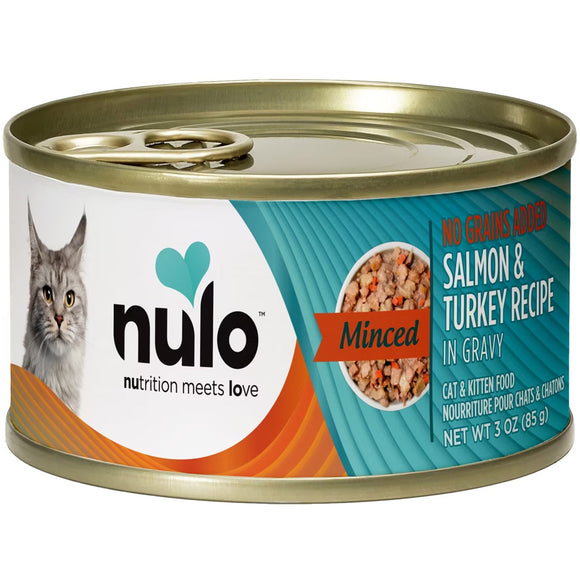 Nulo canned cat food can with salmon and turkey recipe on a white background