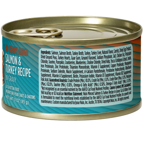Canned cat food can with label showing ingredients and nutritional information on a white background