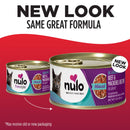 Two cans of Nulo Freestyle cat food on a red background with text about new packaging.