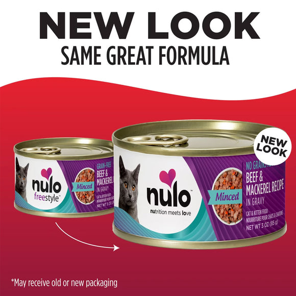 Two cans of Nulo Freestyle cat food on a red background with text about new packaging.