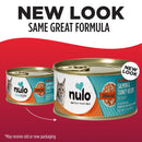 Two cans of Nulo cat food with a red background and text indicating 'New Look, Same Great Formula'.