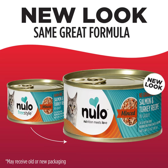 Two cans of Nulo cat food with a red background and text indicating 'New Look, Same Great Formula'.