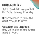 Feeding guidelines for adult and kitten pets on a white background
