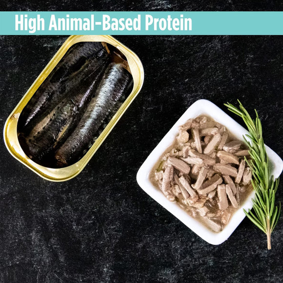 Canned and container of animal-based protein on a dark background with text 'High Animal-Based Protein'.