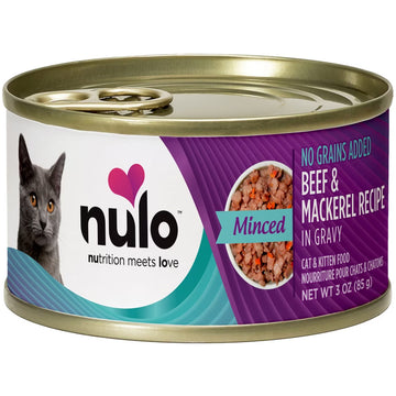 Nulo canned cat food can with purple label and gold lid on a white background