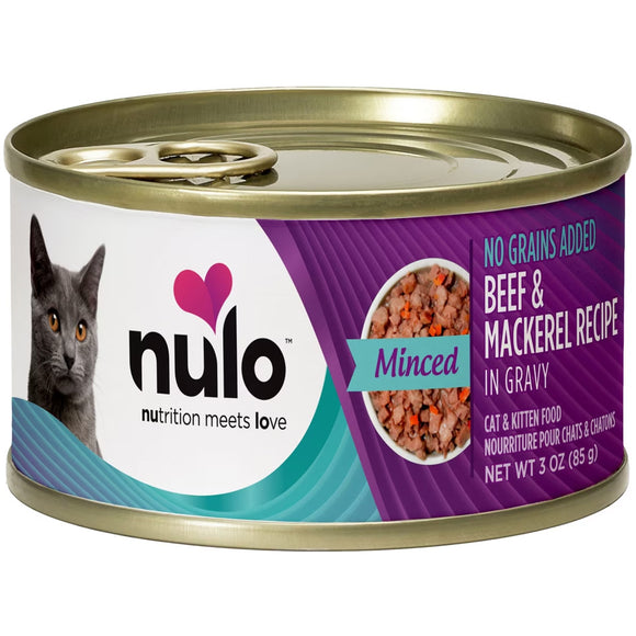 Nulo canned cat food can with purple label and gold lid on a white background