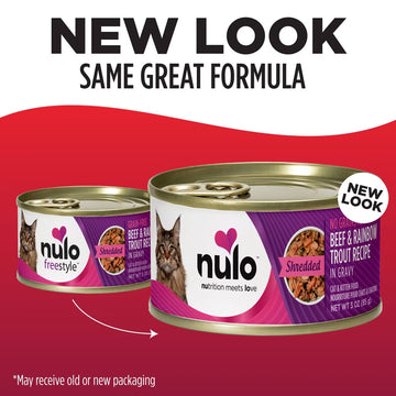 Two cans of Nulo cat food with a red background and text indicating 'New Look, Same Great Formula'.