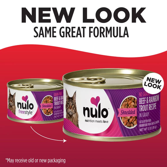 Two cans of Nulo cat food with a red background and text indicating 'New Look, Same Great Formula'.