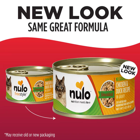 Two cans of Nulo cat food with a red background and text indicating 'New Look, Same Great Formula'.