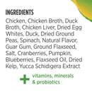 List of ingredients for a pet food product on a white background with a green border.