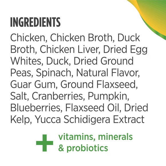 List of ingredients for a pet food product on a white background with a green border.