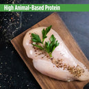 Raw chicken breast on a wooden cutting board with seasoning and parsley, text 'High Animal-Based Protein' at the top.