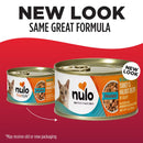 Two cans of Nulo Freestyle cat food with a red background and text indicating 'New Look, Same Great Formula'.